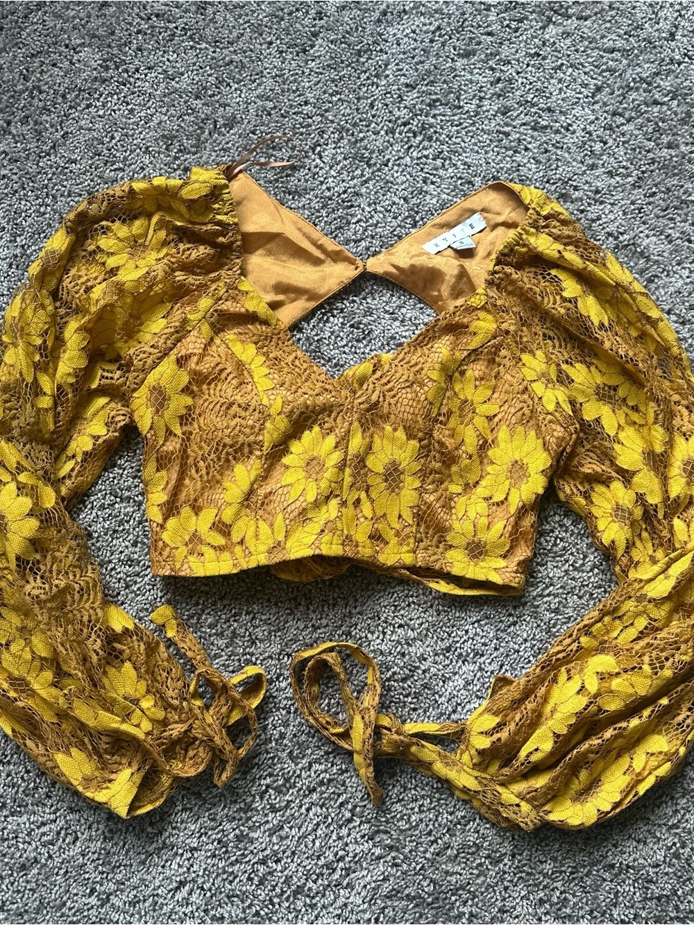 HYFVE Mustard Yellow Sunflower Fall Floral Lace Tie-Back Crop Top